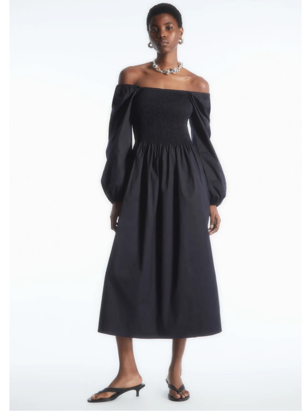 New with tags- COS Off-Shoulder Black Smocked Midi Dress